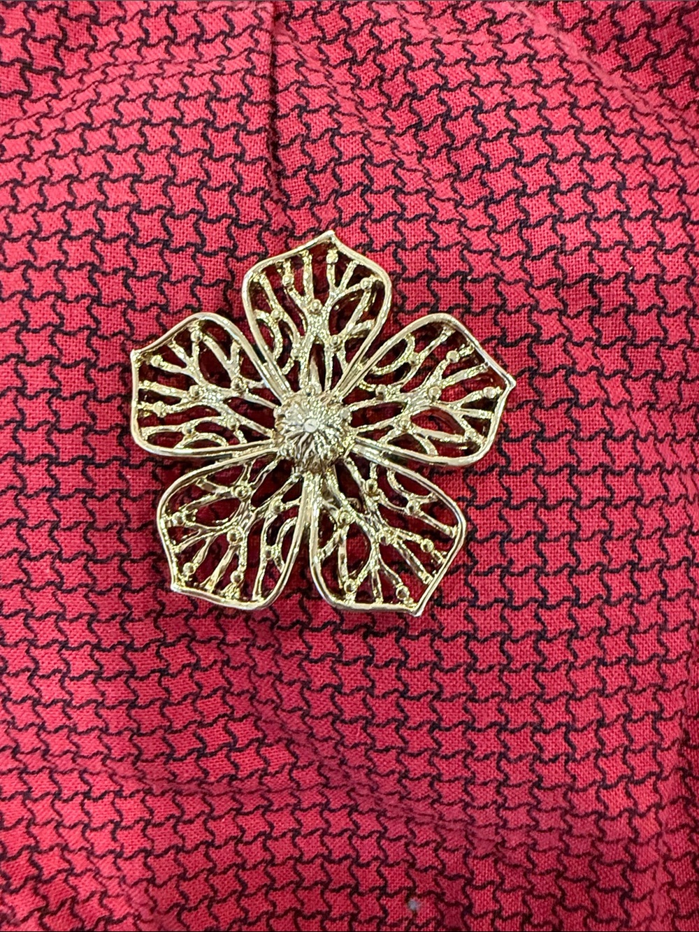 Gold Tone Floral Brooch Pin Statement Flower Openwork Design